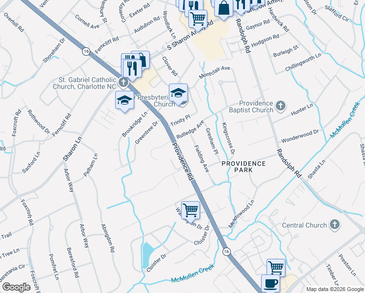 map of restaurants, bars, coffee shops, grocery stores, and more near 810 Huntington Park Drive in Charlotte