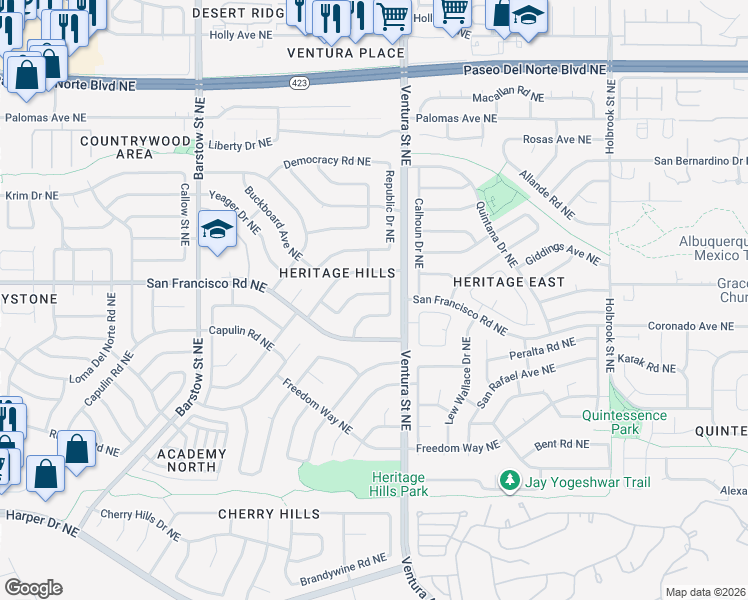 map of restaurants, bars, coffee shops, grocery stores, and more near 7429 Volunteer Street Northeast in Albuquerque