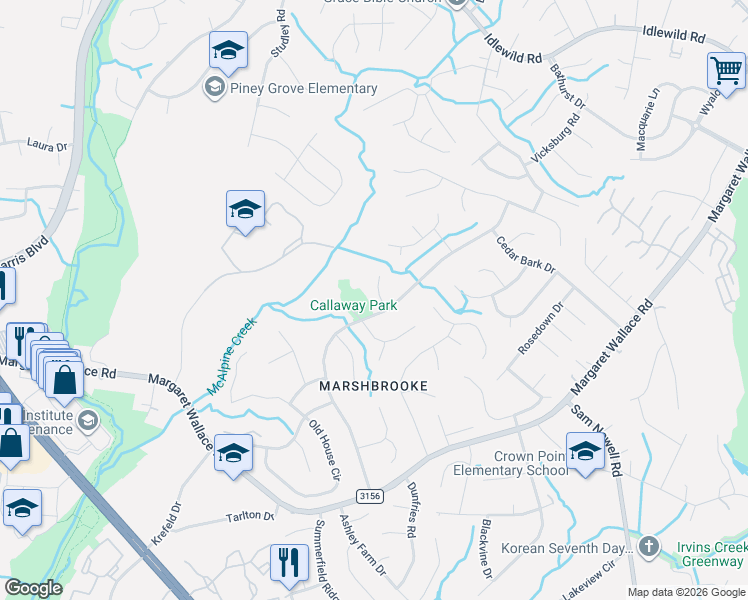 map of restaurants, bars, coffee shops, grocery stores, and more near 9114 Clifton Meadow Drive in Matthews