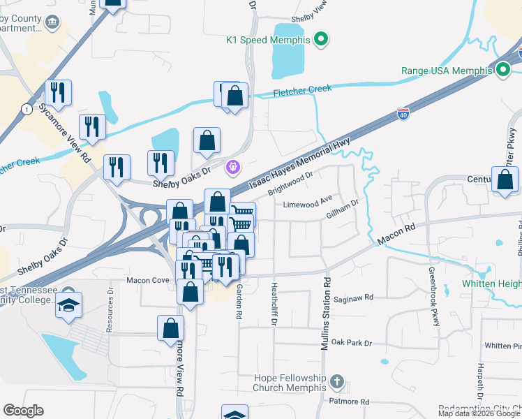 map of restaurants, bars, coffee shops, grocery stores, and more near 6258 Gillham Drive in Memphis
