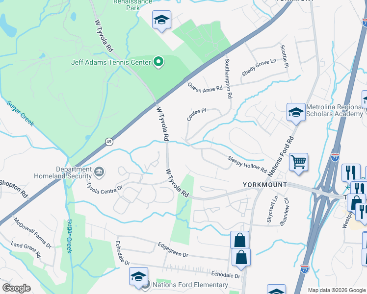 map of restaurants, bars, coffee shops, grocery stores, and more near 535 Sleepy Hollow Road in Charlotte