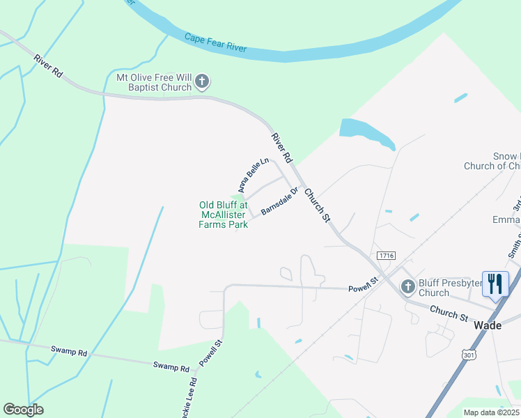 map of restaurants, bars, coffee shops, grocery stores, and more near 3829 Barnsdale Drive in Wade