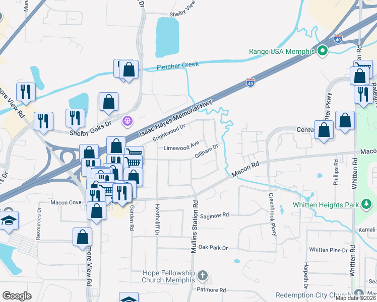 map of restaurants, bars, coffee shops, grocery stores, and more near 6344 Gillham Drive in Memphis