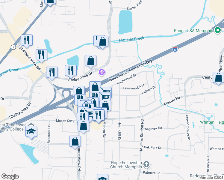 map of restaurants, bars, coffee shops, grocery stores, and more near 6258 Gillham Drive in Memphis