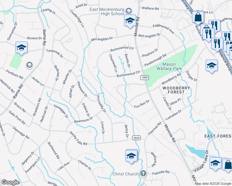 map of restaurants, bars, coffee shops, grocery stores, and more near 1310 Fox Run Drive in Charlotte