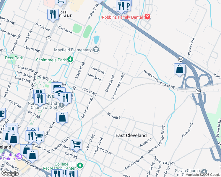 map of restaurants, bars, coffee shops, grocery stores, and more near 1655 Greenwood Avenue Northeast in Cleveland