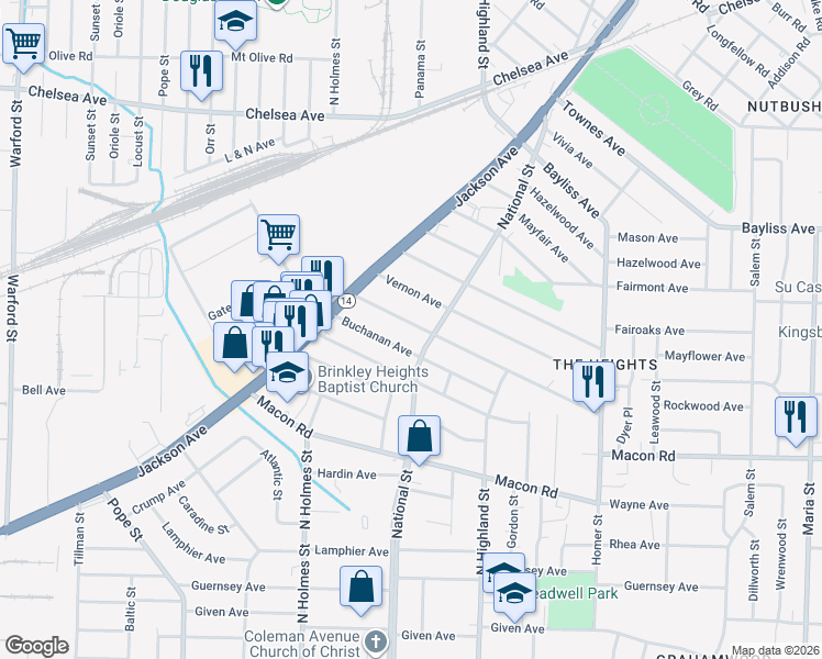 map of restaurants, bars, coffee shops, grocery stores, and more near 3394 Buchanan Avenue in Memphis