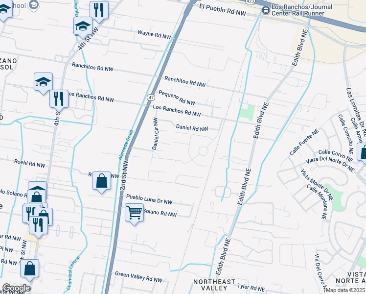 map of restaurants, bars, coffee shops, grocery stores, and more near 117 Jacobson Lane Northwest in Albuquerque