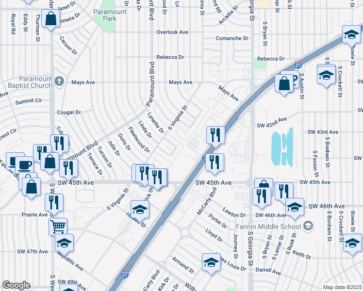 map of restaurants, bars, coffee shops, grocery stores, and more near 4207 Woodfield Street in Amarillo