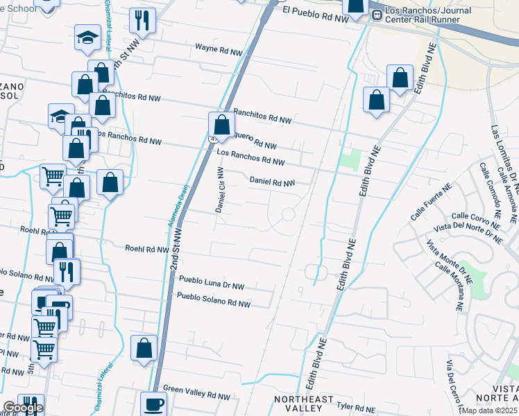 map of restaurants, bars, coffee shops, grocery stores, and more near 117 Jacobson Lane Northwest in Albuquerque