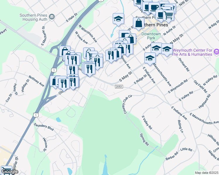 map of restaurants, bars, coffee shops, grocery stores, and more near 770 South Ridge Street in Southern Pines