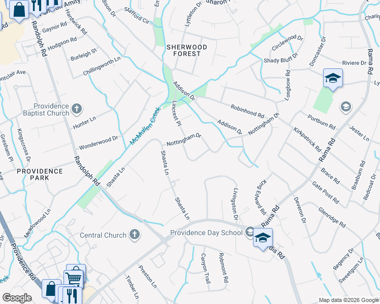 map of restaurants, bars, coffee shops, grocery stores, and more near 5332 Finsbury Place in Charlotte