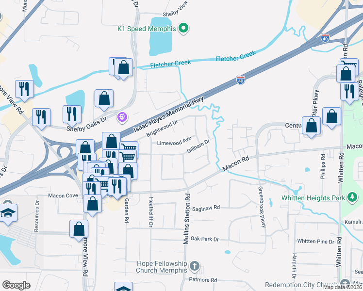 map of restaurants, bars, coffee shops, grocery stores, and more near 6344 Gillham Drive in Memphis