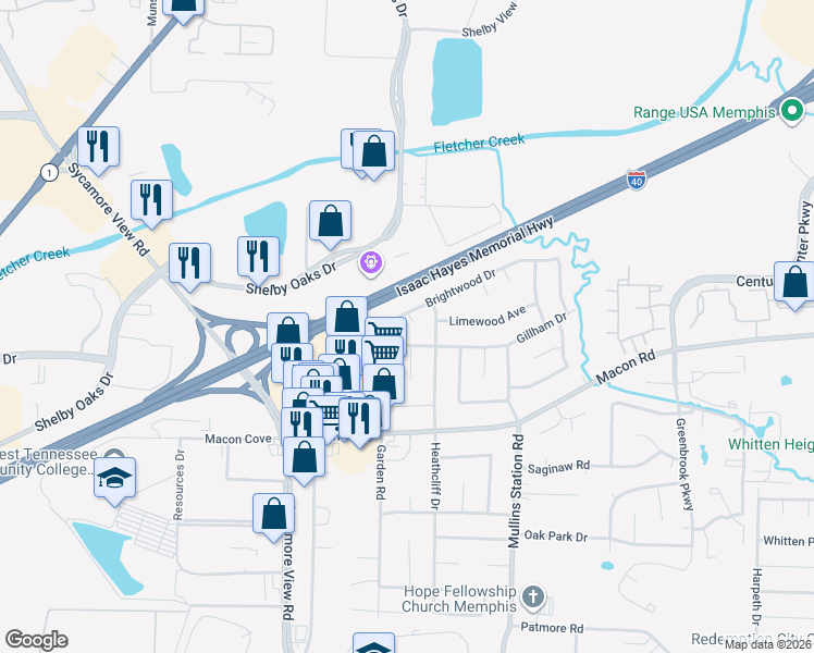 map of restaurants, bars, coffee shops, grocery stores, and more near 6258 Gillham Drive in Memphis