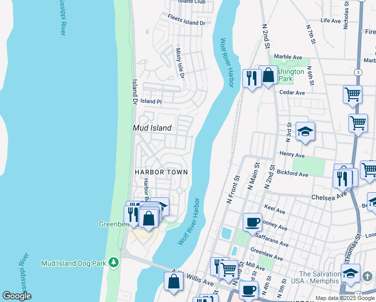 map of restaurants, bars, coffee shops, grocery stores, and more near 166 Harbor Isle Circle West in Memphis