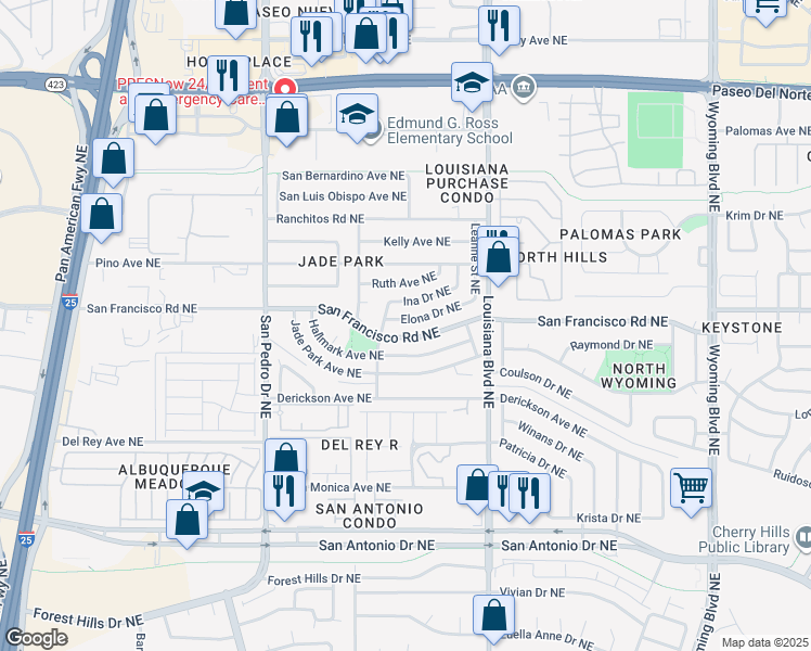 map of restaurants, bars, coffee shops, grocery stores, and more near 6812 San Francisco Road Northeast in Albuquerque