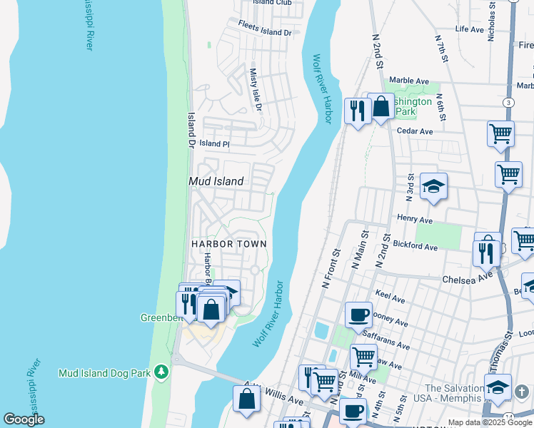 map of restaurants, bars, coffee shops, grocery stores, and more near 166 Harbor Isle Circle West in Memphis