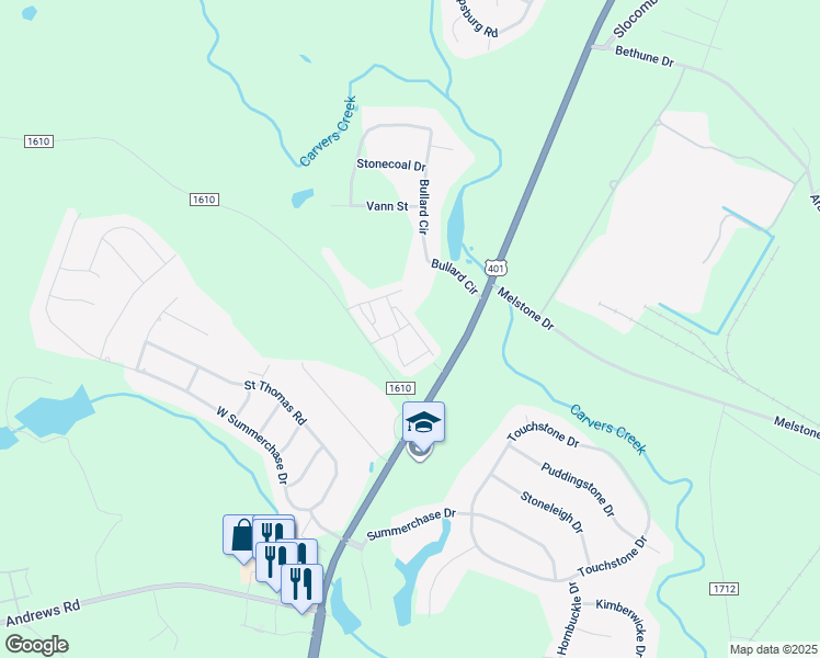map of restaurants, bars, coffee shops, grocery stores, and more near 4348 Longhill Point in Fayetteville
