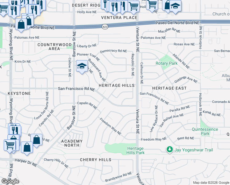 map of restaurants, bars, coffee shops, grocery stores, and more near 8804 Opportunity Drive Northeast in Albuquerque