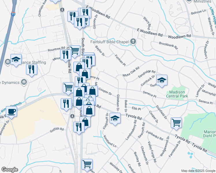 map of restaurants, bars, coffee shops, grocery stores, and more near 237 Cooper Drive in Charlotte