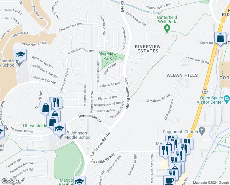 map of restaurants, bars, coffee shops, grocery stores, and more near 4600 Homestead Trail Northwest in Albuquerque