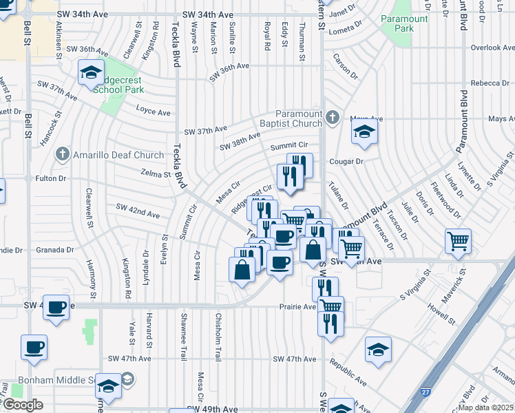 map of restaurants, bars, coffee shops, grocery stores, and more near 4210 Paramount Boulevard in Amarillo