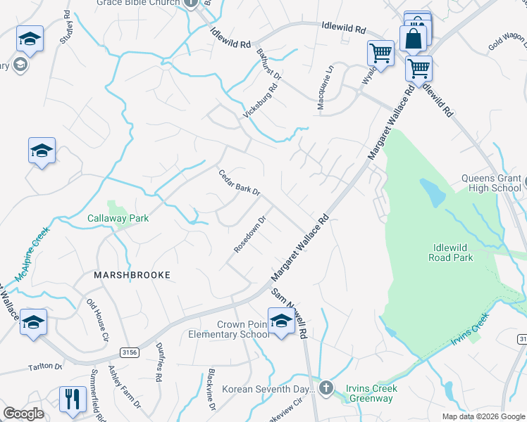 map of restaurants, bars, coffee shops, grocery stores, and more near 9601 Harness Lane in Matthews