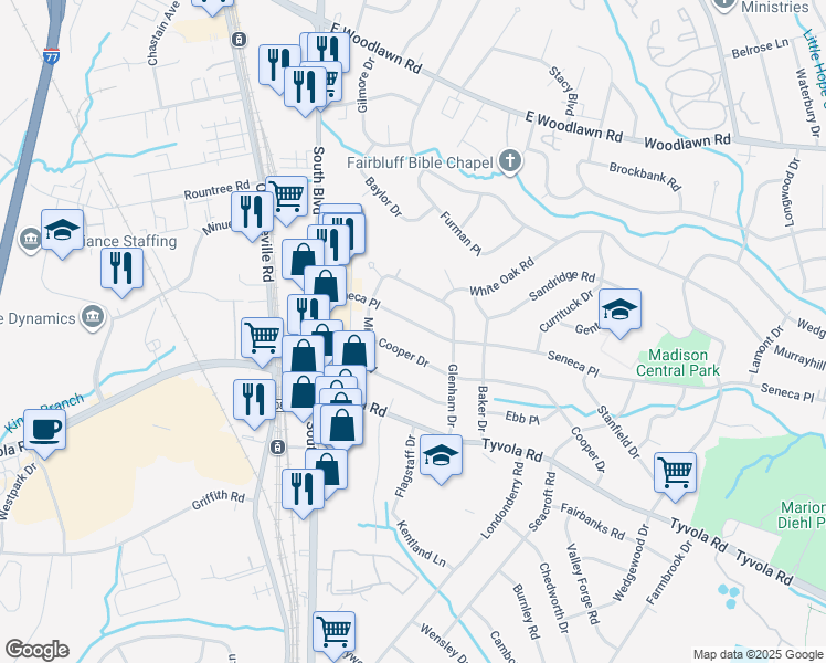 map of restaurants, bars, coffee shops, grocery stores, and more near in Charlotte