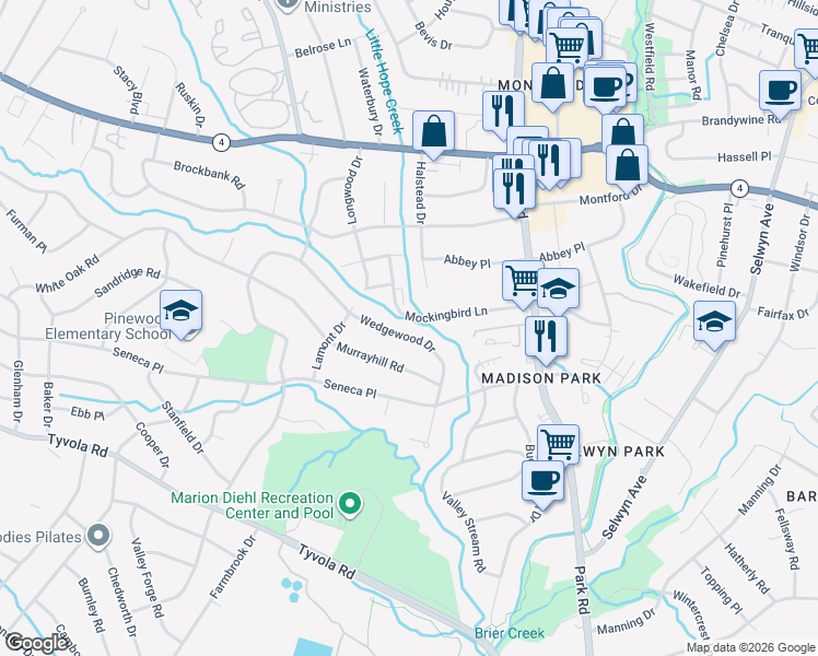 map of restaurants, bars, coffee shops, grocery stores, and more near 5742 Wedgewood Drive in Charlotte