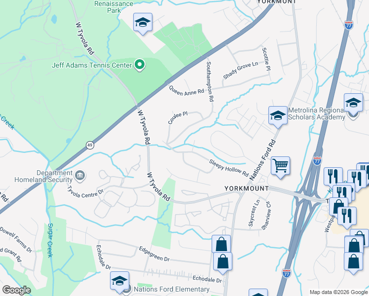 map of restaurants, bars, coffee shops, grocery stores, and more near 401 Sleepy Hollow Road in Charlotte