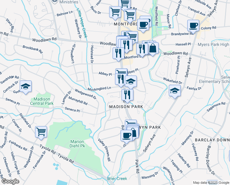 map of restaurants, bars, coffee shops, grocery stores, and more near Estates Avenue in Charlotte