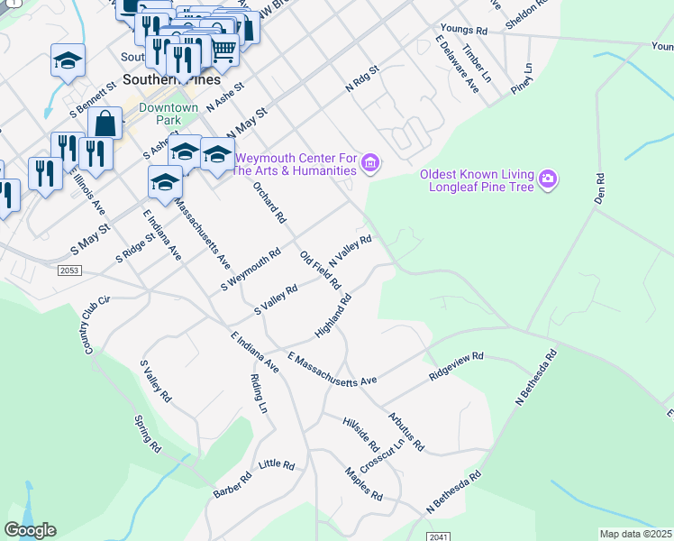 map of restaurants, bars, coffee shops, grocery stores, and more near 175 North Valley Road in Southern Pines