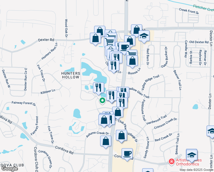 map of restaurants, bars, coffee shops, grocery stores, and more near 1461 Dexter Lake Drive in Memphis