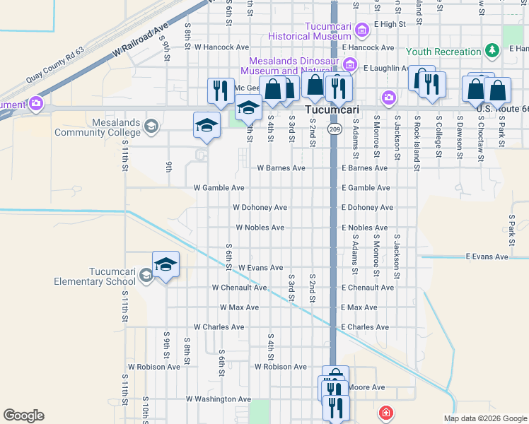 map of restaurants, bars, coffee shops, grocery stores, and more near 301-399 West Nobles Avenue in Tucumcari