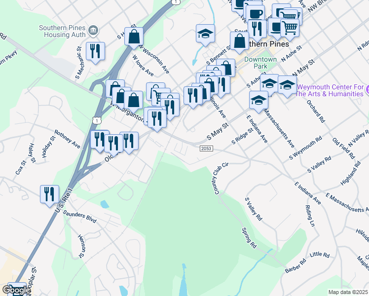 map of restaurants, bars, coffee shops, grocery stores, and more near 25 Elk Ridge Lane in Southern Pines