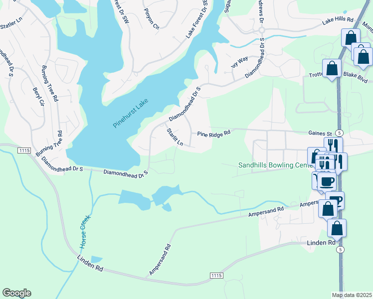 map of restaurants, bars, coffee shops, grocery stores, and more near 14 Starlit Lane in Pinehurst