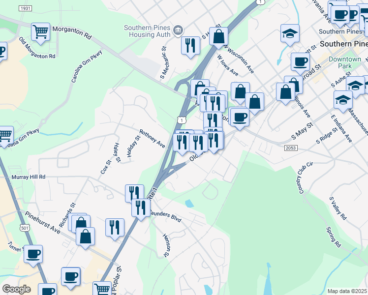 map of restaurants, bars, coffee shops, grocery stores, and more near 250 Shaw Avenue in Southern Pines