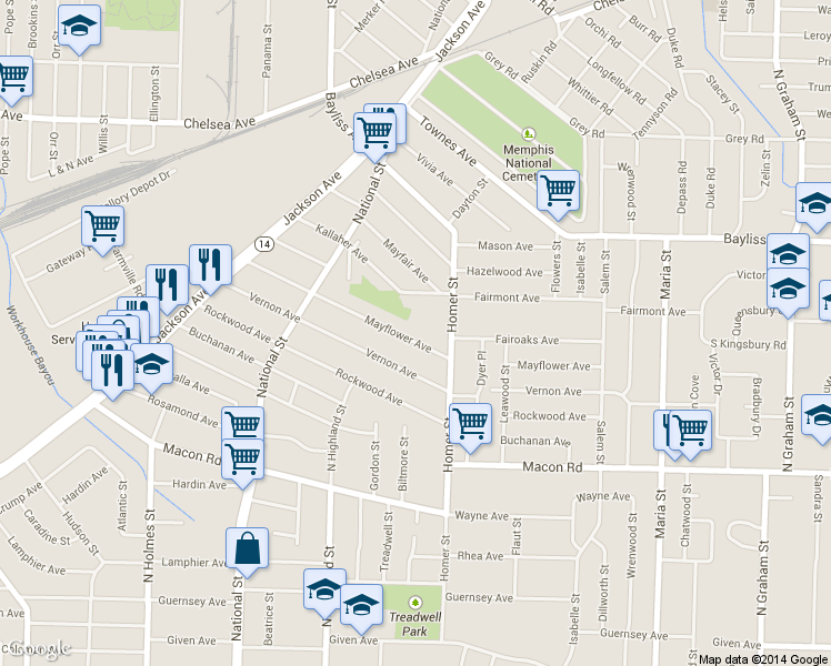 map of restaurants, bars, coffee shops, grocery stores, and more near 3588 Mayflower Avenue in Memphis
