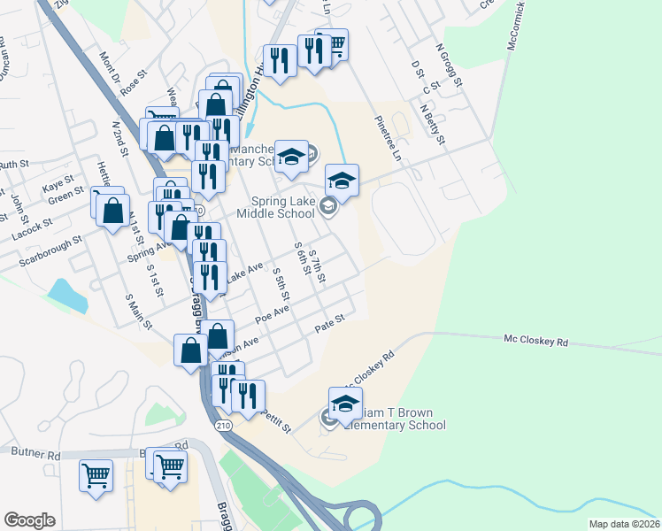 map of restaurants, bars, coffee shops, grocery stores, and more near 219 South 7th Street in Spring Lake