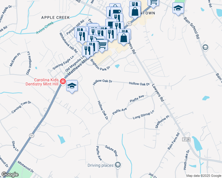 map of restaurants, bars, coffee shops, grocery stores, and more near 12010 Shady Oak Court in Mint Hill