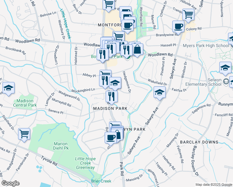 map of restaurants, bars, coffee shops, grocery stores, and more near 1520 Mockingbird Lane in Charlotte