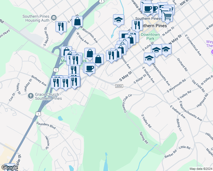 map of restaurants, bars, coffee shops, grocery stores, and more near 25 Elk Ridge Lane in Southern Pines