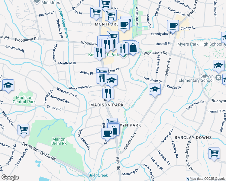 map of restaurants, bars, coffee shops, grocery stores, and more near 1520 Mockingbird Lane in Charlotte