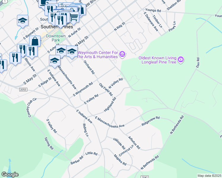 map of restaurants, bars, coffee shops, grocery stores, and more near 175 North Valley Road in Southern Pines