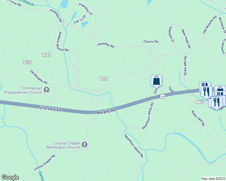 map of restaurants, bars, coffee shops, grocery stores, and more near 82 Waldroop Road in Franklin