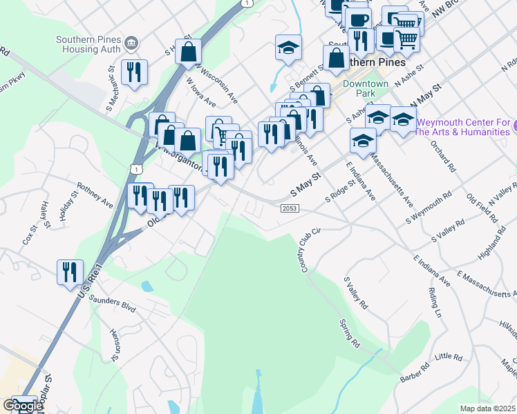 map of restaurants, bars, coffee shops, grocery stores, and more near 16 Elk Ridge Lane in Southern Pines