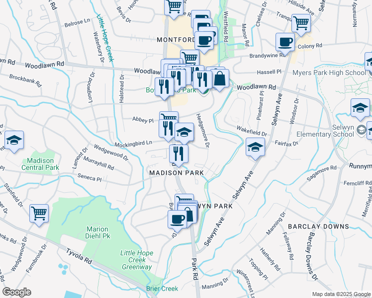 map of restaurants, bars, coffee shops, grocery stores, and more near 4717 Park Road in Charlotte