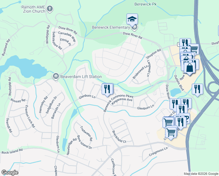 map of restaurants, bars, coffee shops, grocery stores, and more near 9512 Birkwood Court in Charlotte