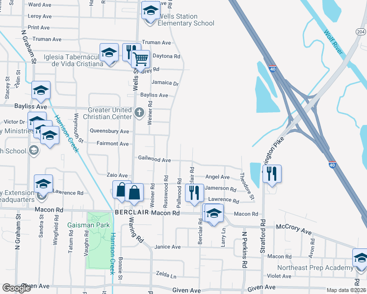 map of restaurants, bars, coffee shops, grocery stores, and more near 4434 Gailwood Avenue in Memphis