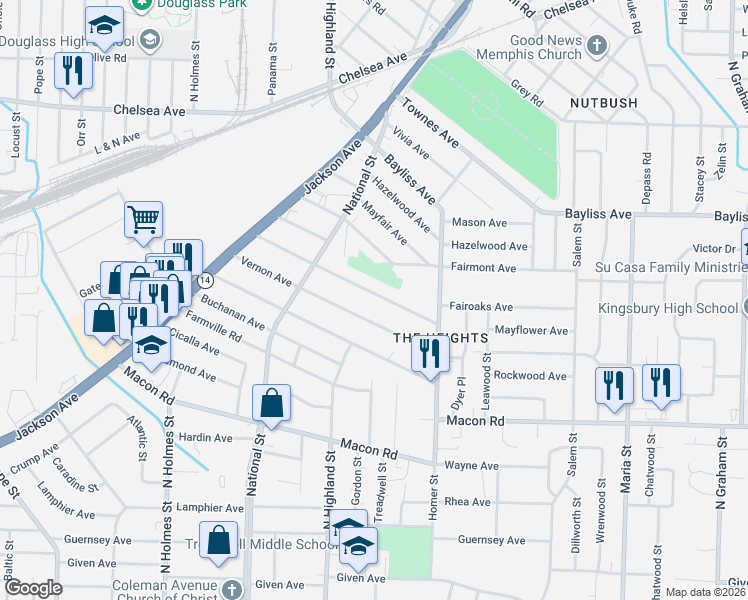 map of restaurants, bars, coffee shops, grocery stores, and more near 3570 Vernon Avenue in Memphis